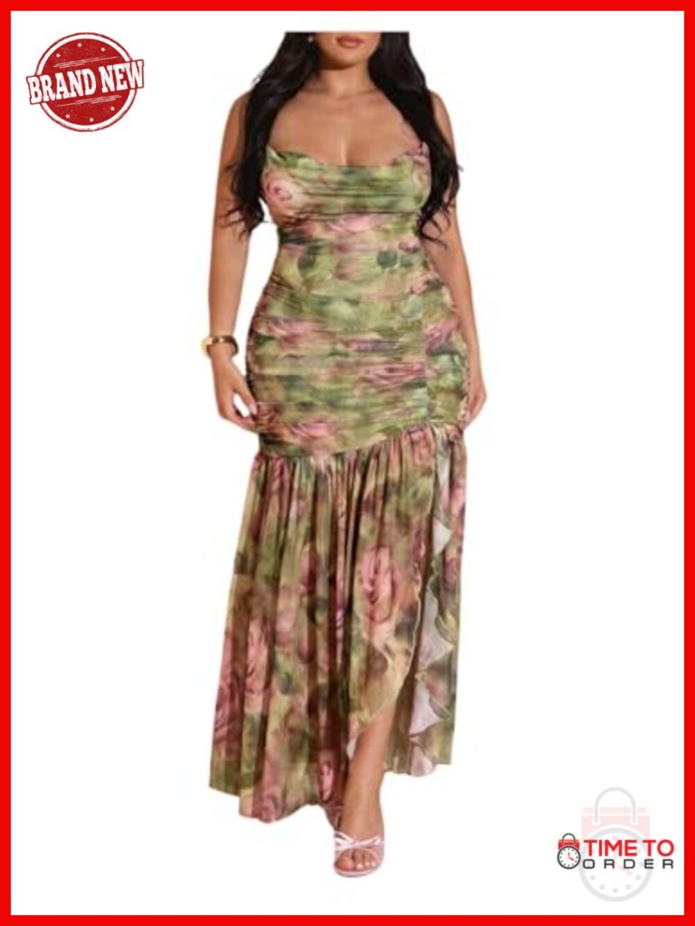 Women's Plus Size Floral Maxi Dress with Slit and Backless Ruched Design